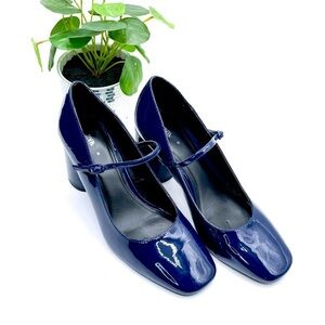 Zara Navy‎ Blue Cruise Mary Jane Faux Patent Leather Block Heel Shoes Size 38